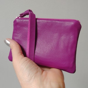 Monedero de piel color magenta, piel de cordero suave como la mantequilla, bolso de napa con cremallera, cartera con cremallera color morado, forrado, regalo para ella