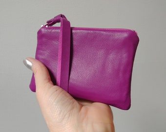 Magenta leather coin purse, buttery soft lambskin, nappa zipper pouch, purple zipper wallet, lined, gift for her