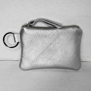 Silver leather key chain wallet, ID card holder, pouch, key ring mini coin purse, Italian metallic cow, tiny, pocket sized, gift under 50