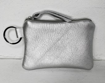 Metallic leather key chain wallet in silver + more colors, card holder, key ring coin purse, stocking, tiny, pocket sized, gift under 50