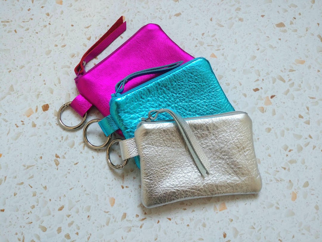 Metallic Leather Keychain Wallets in Pink, Silver, Blue Carabiner Key ...