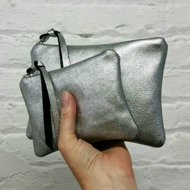Bright silver leather zipper pouch size medium