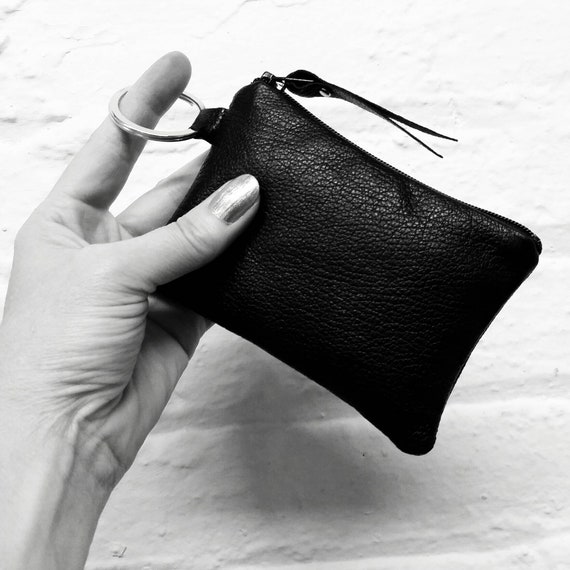 Key ring zipper mini zip pouch in black goatskin leather Etsy