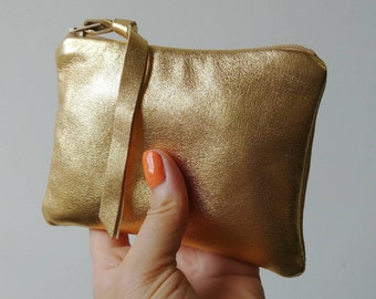 Buttery soft gold or silver leather zip pouch in 4 sizes, metallic lambskin, coin purse, zipper, change, bag, Mother's Day, gift under 50