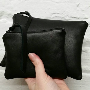 Buttery soft black leather purse, pouch in 5 sizes, Nappa lambskin, makeup bag, zipper, wallet, unisex, gift under 50