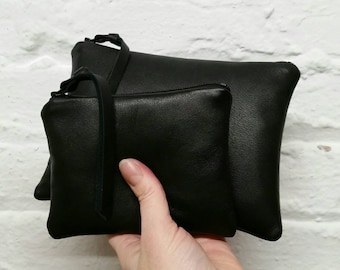 Buttery soft black leather purse, pouch in 5 sizes, Nappa lambskin, makeup bag, zipper, wallet, unisex, gift under 50