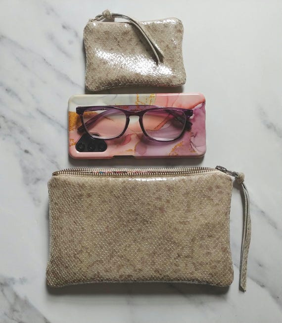 Platinum Snake Leather Pouches in 3 Sizes, Mini Coin Purse, Eye