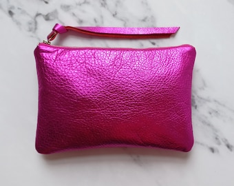 Pink or Red Metallic Leather Clutch Bag 9