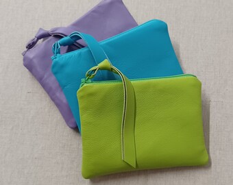 Buttery soft leather pouch in 3 spring colors, sky blue, lime green, lilac violet, lambskin, zipper wallet, coin purse, gift for mom