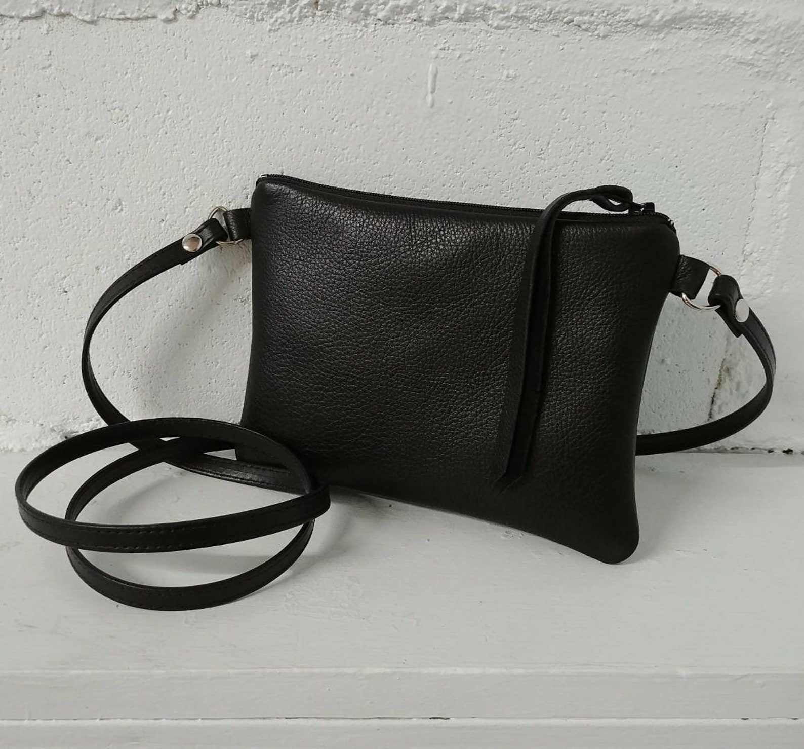 Small black leather crossbody bag 5.5X7 with Etsy