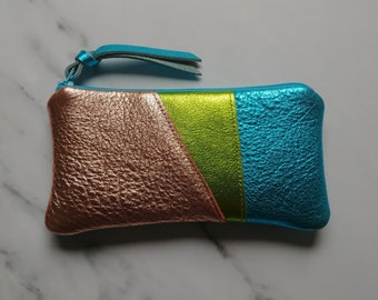 Metallic leather skinny pouch in turquoise, green, rose gold, upcycled scraps, eye glass case, 3.5"X6.5", minimal waste, colorblock, OOAK