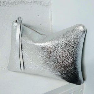 Silver leather clutch bag 9"X6", evening bag, wedding, bridal shower, bridesmaid, party, large pouch, Italian metallic leather, Made in NYC