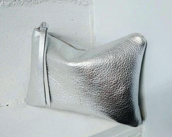 Silver leather clutch bag 9"X6", evening bag, wedding, bridal shower, bridesmaid, party, large pouch, Italian metallic leather, Made in NYC