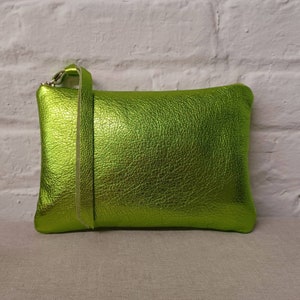 Large lime green metallic leather clutch, Italian leather, luxury bag, pouch, zipper purse, magenta, blue, turquoise, costume, handmade