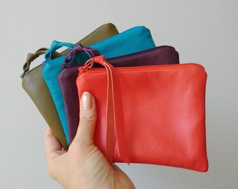 Buttery soft leather pouches in 4 bright colors, 5 sizes, Personalized, coin purse, makeup bag, zipper wallet, orange,olive,merlot,turquoise