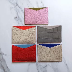 Leather card cases, business card holder, beige faux snake, metallic red, pink, gray croc, slim minimalist wallet, personalized, Handmade NY image 4