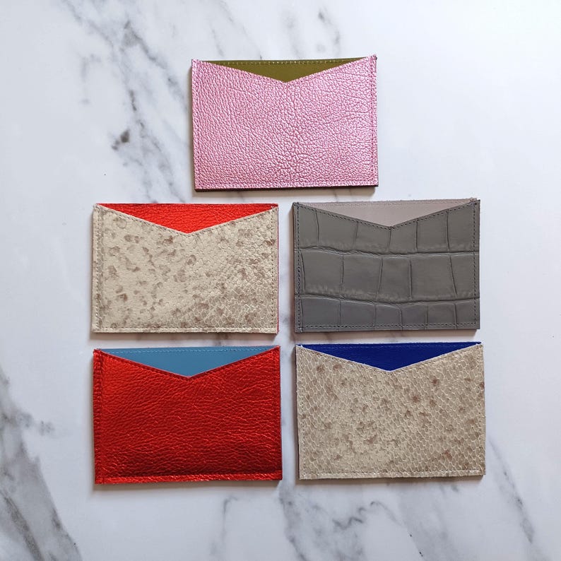 Leather card cases, business card holder, beige faux snake, metallic red, pink, gray croc, slim minimalist wallet, personalized, Handmade NY image 4