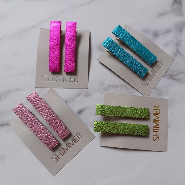 Metallic leather hair clips, set of 2 shimmer barrettes in 9 colors, 2" long, alligator clips, disco, pink, blue, silver, red, green,