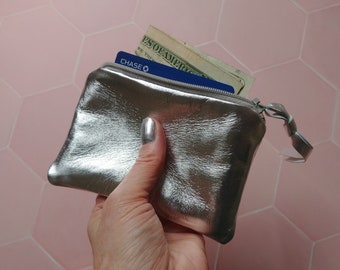 Buttery soft silver zip wallet & gold leather coin purse in mini, small or medium, metallic lambskin, zipper pouch, card case, gift under 50