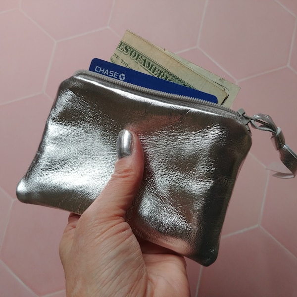 Buttery soft silver zip wallet & gold leather coin purse in mini, small or medium, metallic lambskin, zipper pouch, card case, gift under 50