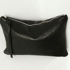 Supple black leather clutch bag, 9"X6" with metal zipper, soft cowhide, minimalist style, large pouch, medium, fully lined, handmade purse