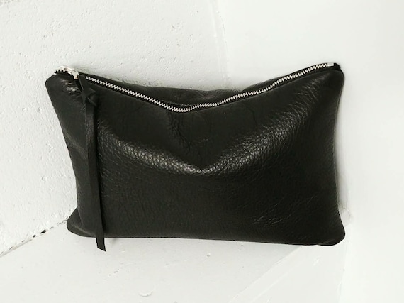 Supple black leather clutch bag, 9"X6" with metal zipper, soft cowhide, minimalist style, large pouch, medium, fully lined, handmade purse