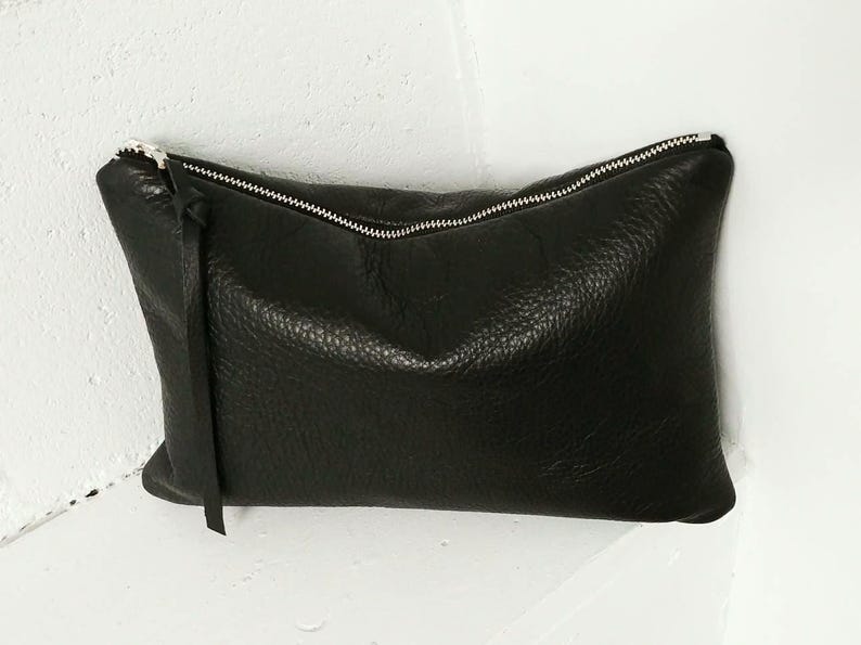 Black cow leather large clutch bag 9 inch X 6 inch made from natural grain leather soft pebbly texture, handmade in USA.