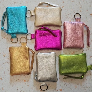 Cartera de cuero con llavero en 6 colores metálicos, 3 tamaños, llavero con cremallera, llavero brillante, mini monedero, colorido, regalo para ella, graduación
