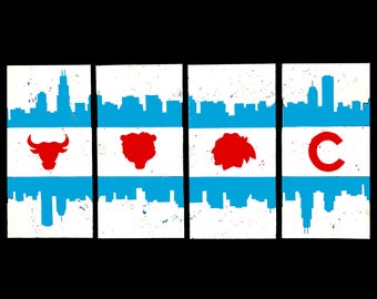 May include: Four illustrations of Chicago landmarks, each with a red symbol. The first is a red bull, the second is a red bear, the third is a red flower, and the fourth is a red letter "C".