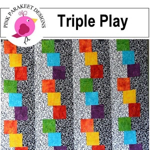 May include: A quilt pattern called "Triple Play" with a colorful patchwork design. The quilt features a variety of colors, including red, orange, yellow, green, blue, and purple. The quilt is made up of squares and rectangles, and the pattern is repeated throughout the quilt. The quilt is made with a quick strip piecing technique.