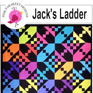 May include: A colourful quilt pattern called "Jack's Ladder" with a black background and bright colours like pink, blue, green, yellow, and orange. The quilt is labelled "Fat Quarter Friendly".