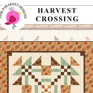 Könnte beinhalten: Ein quadratischer Quilt mit dem Titel Harvest Crossing von Pink Parakeet Designs, der ein zentrales Muster aus floralen orangefarbenen, braunen und türkisfarbenen geometrischen Formen auf cremefarbenem Grund zeigt. Der Quilt misst 152,4 cm x 152,4 cm.