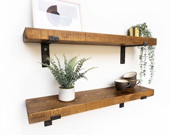 Rustic Shelves | Handcrafted | Eco-Friendly | Made From Solid Wood & Industrial Brackets For Plasterboard Walls | 22cm Deep x 5cm Thick