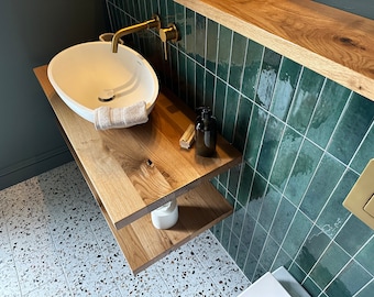 Bathroom Oak Basin Shelf - Sink Shelf 45cm Deep, 40mm thick - Square Edge