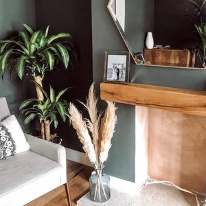 May include: A living room with a fireplace, a white armchair with a patterned throw pillow, a large green plant, and a vase of dried pampas grass. The fireplace has a wooden mantel and a dark green wall.