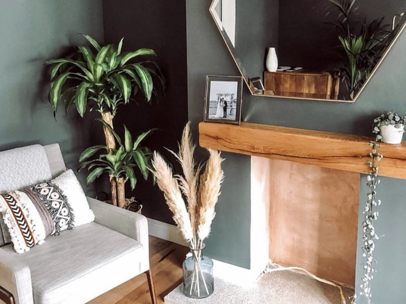 May include: A living room with a fireplace, a white armchair with a patterned throw pillow, a large green plant, and a vase of dried pampas grass. The fireplace has a wooden mantel and a dark green wall.