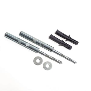 May include: Two silver screws with a threaded end and a flat head, two black plastic wall anchors, and two silver washers.
