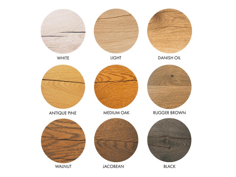 May include: Nine wood stain color samples in round circles. The colors are white, light, Danish oil, antique pine, medium oak, rugger brown, walnut, Jacobean, and black.