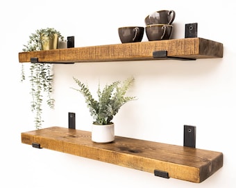 Rustic Shelves | Handcrafted | Eco-Friendly | Made From Solid Wood & Industrial Brackets For Plasterboard Walls | 22cm Deep x 5cm Thick