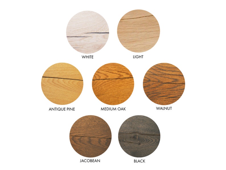 May include: Wood stain color chart with 8 different wood stain colors: White, Light, Antique Pine, Medium Oak, Walnut, Jacobean, and Black.