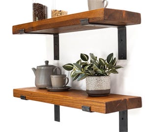 Handcrafted Rustic Wood Shelves with Industrial Metal Brackets 22cm Deep
