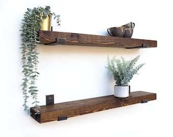Rustic Shelves | Handcrafted | Eco-Friendly | Made From Solid Wood & Industrial Brackets For Plasterboard Walls | 15cm Deep x 5cm Thick