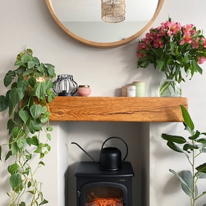 May include: A wooden mantel shelf with a potted plant, a vase of pink flowers, and a black watering can. The shelf is mounted above a black fireplace with a glass door.