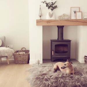 May include: A living room with a fireplace, a wood-burning stove, a grey armchair with a white heart-shaped pillow, a wicker basket, a grey fluffy rug, and a small dog lying on the rug.