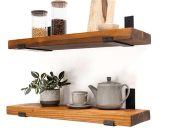 Handcrafted Rustic Wood Shelves 22cm Deep with Inverted Industrial Metal Brackets