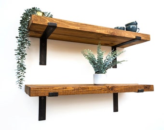 Rustic Shelves | Handcrafted | Eco-Friendly | Made From Solid Wood & Industrial Metal Brackets | 30cm Deep x 5cm Thick