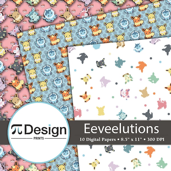 Eeveelutions 8.5"x11" Digital Paper 10 Pack | Party Printables DIY | Evolution Pattern | Kawaii Anime Printable Paper