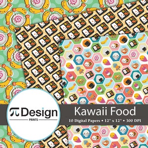 Cute Japanese Food 12&quot;x12&quot; Digital Paper 10 Pack | Kawaii Japanese Food Printable | Onigiri Pattern Paper | Dango Sushi Shrimp Tempura Bento