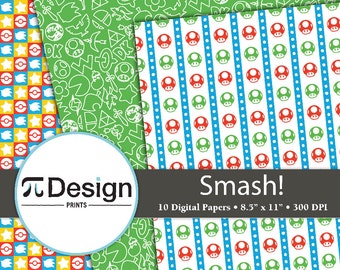 May include: Ten digital papers with a video game theme. The papers feature a green background with white outlines of video game characters and objects, a white background with red and green mushrooms and blue polka dots, and a yellow and blue checkered pattern with red and yellow stars.