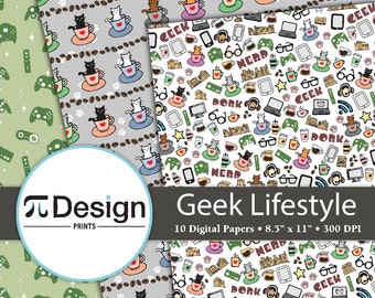 8.5"x11" Nerd Lifestyle 10 Digital Paper Pack | Geeky Pattern | Video Game Paper | Cute Cat Digital Paper | Geek Nerd Dork | Technology